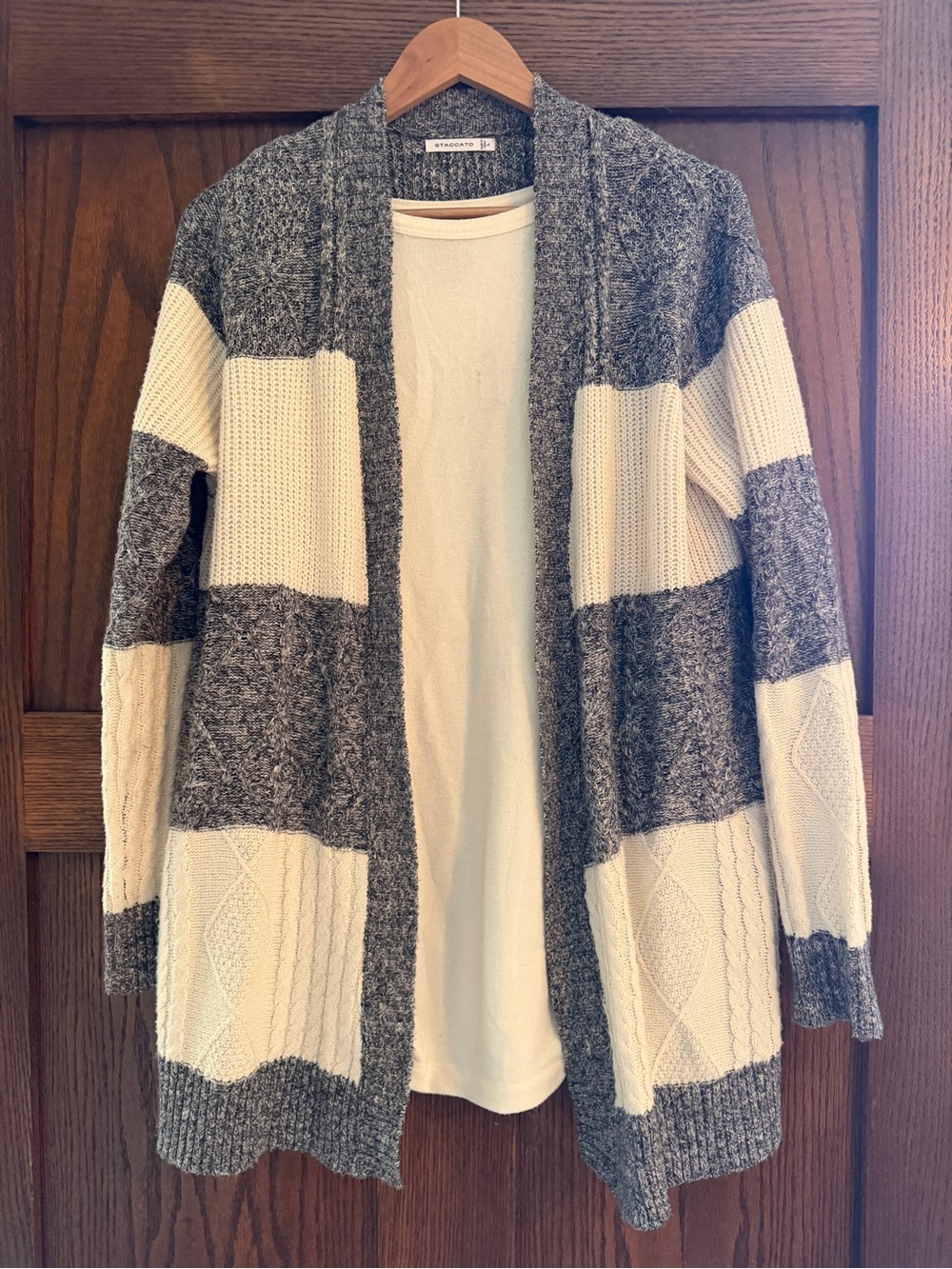 Gray and Cream Block Stripe Open-Front Cardigan and Cream Maternity Gap Tank